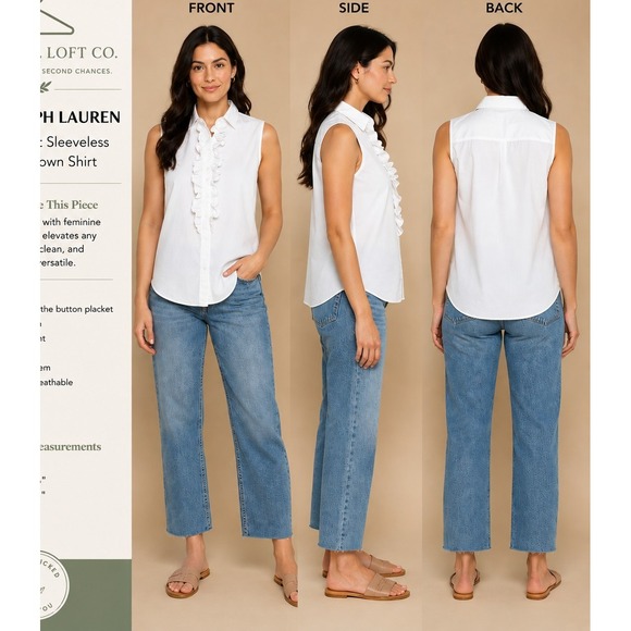 Polo Ralph Lauren Tops - Polo Ralph Lauren Women 14 White Ruffle Front Sleeveless Cotton Button Down Shir